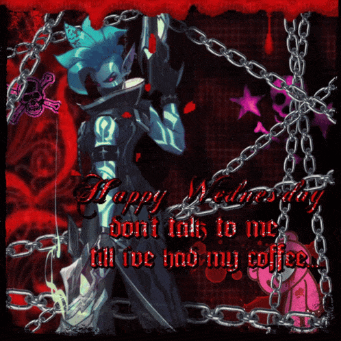 a happy wednesday greeting card with chains and a demon