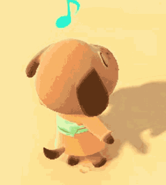 a cartoon dog with a green music note on its head .