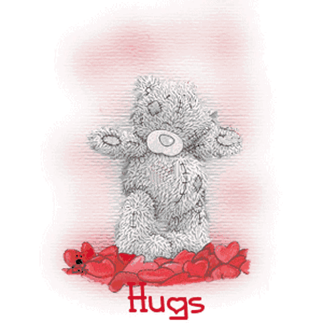 a teddy bear is surrounded by red hearts and the word hugs is on the bottom