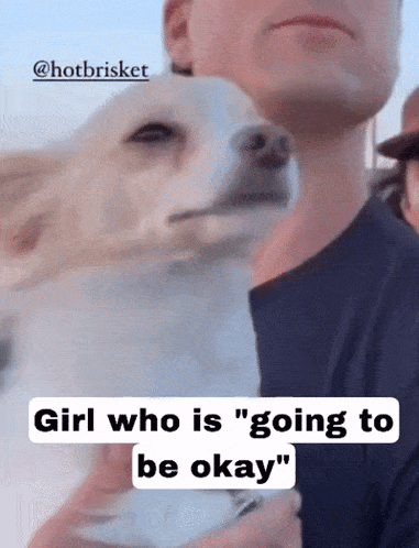 a man is holding a small white dog with the caption " girl who is " going to be okay "