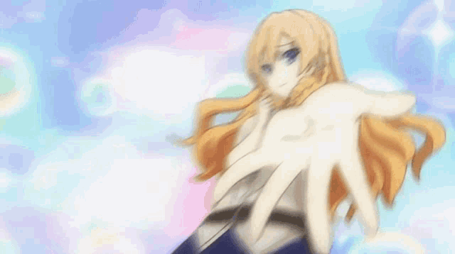 a girl with blonde hair is holding a white hand in front of her face