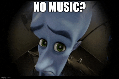 a cartoon character says " no music " in front of his face