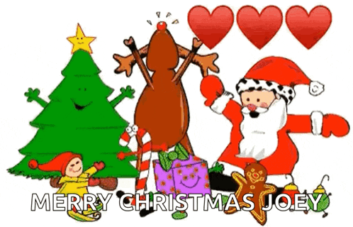 a cartoon of santa claus , reindeer , elf and christmas tree with the words merry christmas joey on the bottom