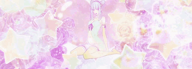 a girl in a white dress is sitting on a pink and purple background .