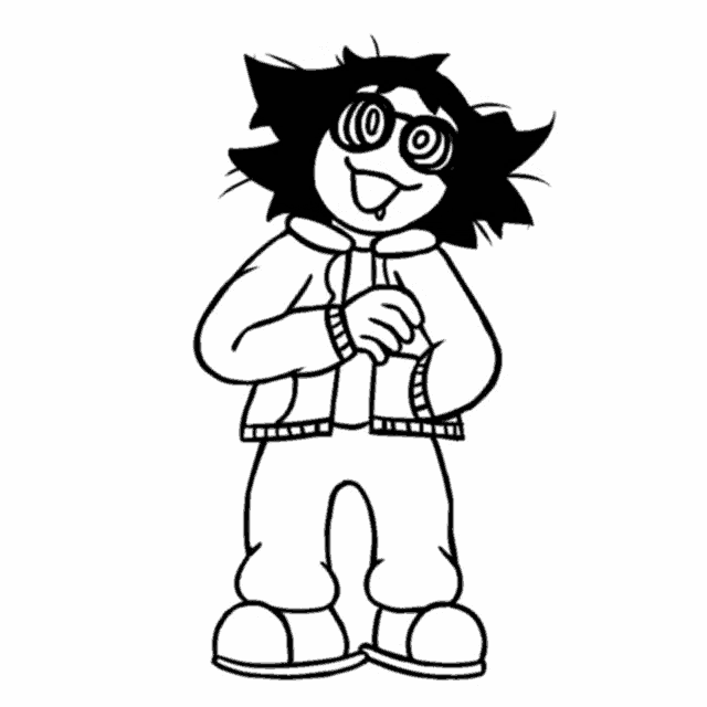 a black and white drawing of a cartoon character with glasses and a hoodie .