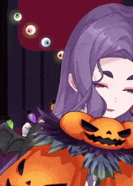 a girl with purple hair is holding a pumpkin on her shoulder .