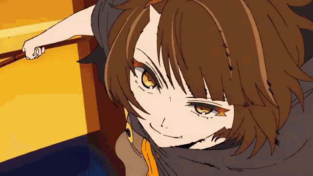 a close up of a cartoon character with brown hair and yellow eyes