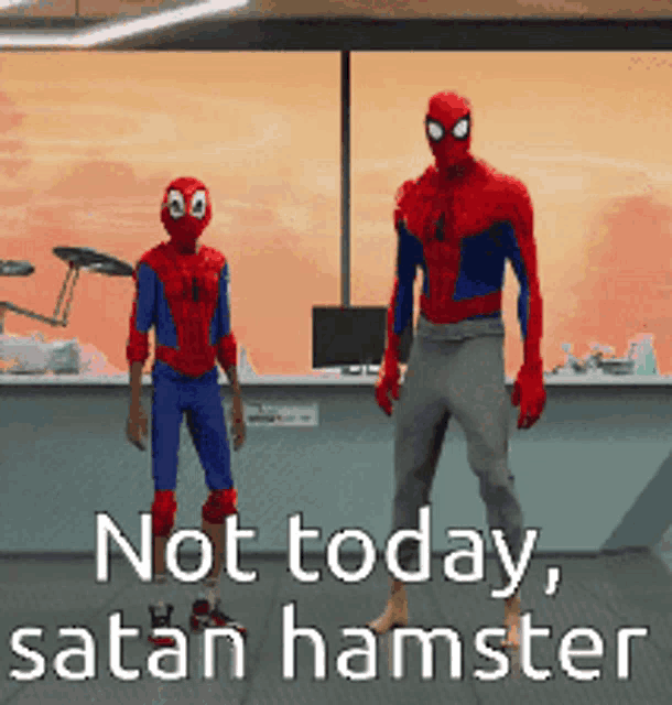 two spider-man standing next to each other with the words " not today satan hamster " on the bottom
