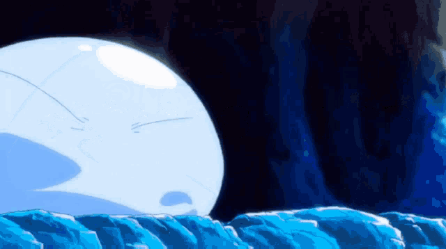 a cartoon character is floating in the water with a dark background .