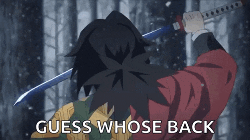 a cartoon character is holding a sword and the words `` guess whose back '' are visible .