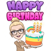 a cartoon girl is holding a birthday cake with candles and the words happy birthday written above her .
