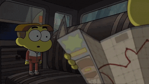 a cartoon character is looking at a map with a star on it in a car