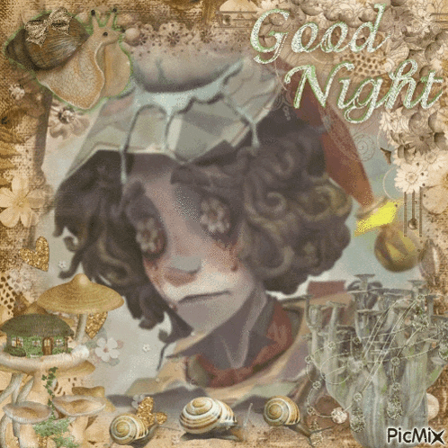 a picture of a girl with snail shells around her and the words good night