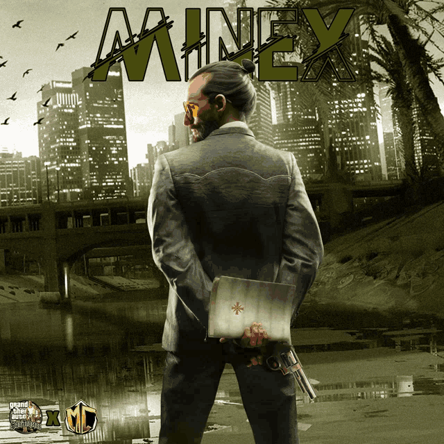 a poster for minex shows a man in a suit holding a gun and a laptop