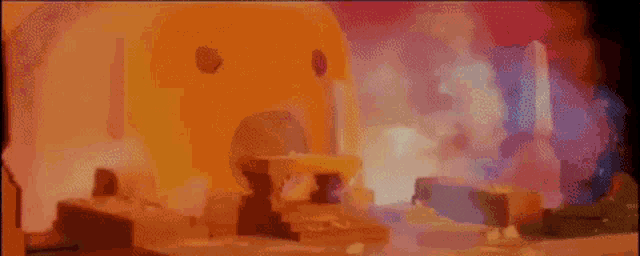 a painting of a castle on fire with a candle in the foreground .