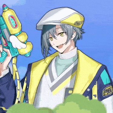 a drawing of a boy holding a toy gun with the letter p on his jacket