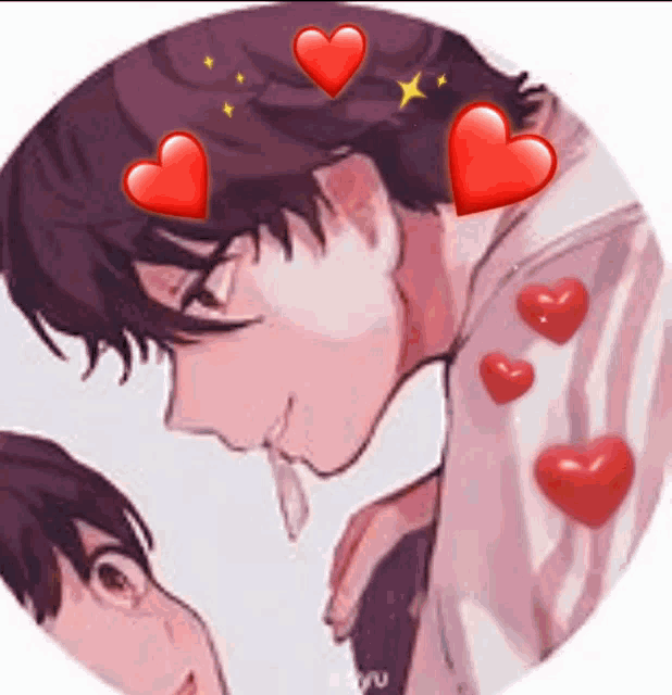 a man and a woman are standing next to each other with red hearts on their heads .