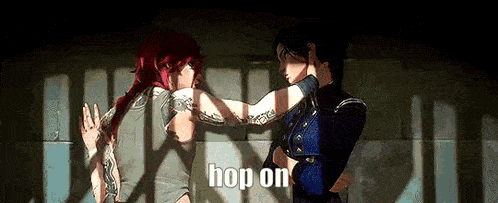 a couple of women are standing next to each other in front of a wall with the words `` hop on '' written on the bottom .