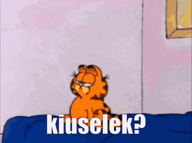 a cartoon of garfield sitting on a bed with the words kiuselek on the bottom