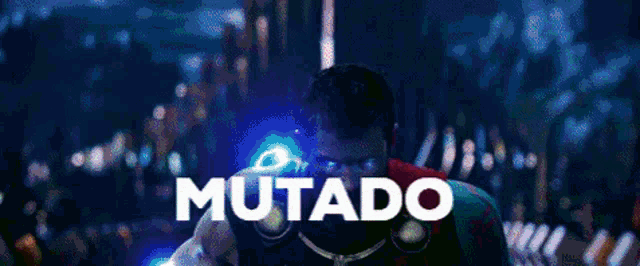 a man with glowing eyes is standing in front of a crowd and the word mutato is written on the bottom of the image .
