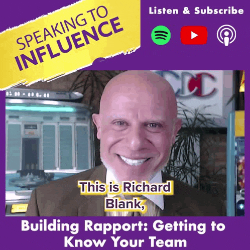 an advertisement for a podcast called speaking to influence shows a bald man smiling