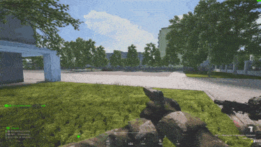 a screenshot of a video game shows a person holding a gun in a field
