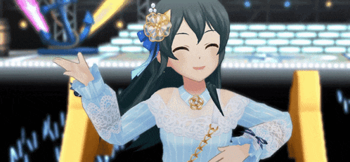 a girl with long black hair is wearing a blue dress