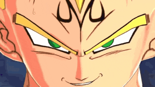 a close up of a dragon ball z character 's face with green eyes