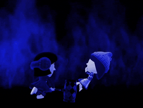 a couple of cartoon characters are standing in a dark room