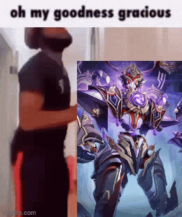 a man in a black shirt is standing next to a picture of a robot .