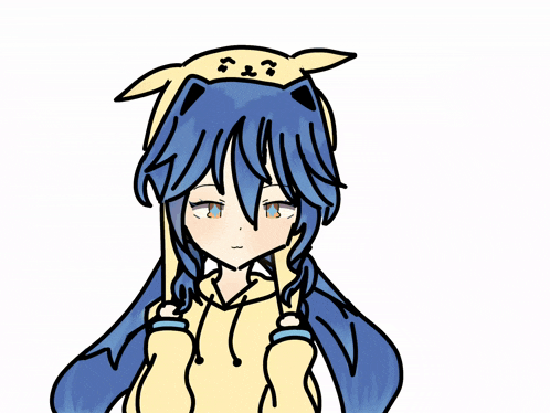 a drawing of a girl with blue hair and a cat hat on her head