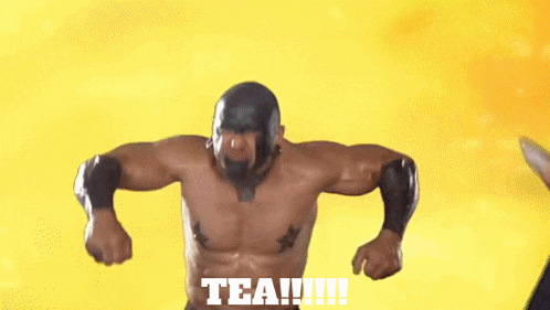 a man without a shirt is flexing his muscles and says tea