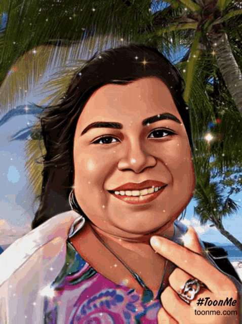 a cartoon of a woman with a palm tree in the background and the website toonme.com at the bottom