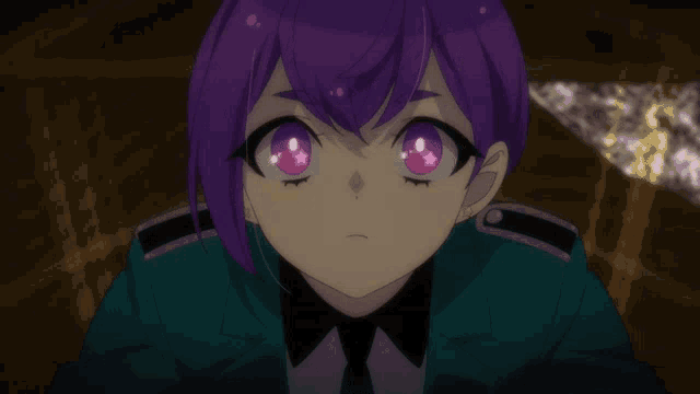 a girl with purple hair and pink eyes looks at the camera