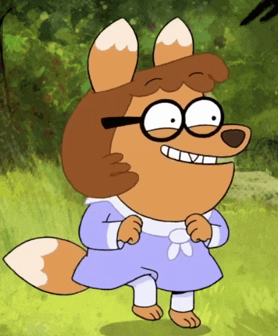 a cartoon fox with glasses and a blue dress