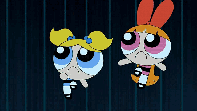 bubbles and blossom from the powerpuff girls are looking up at something