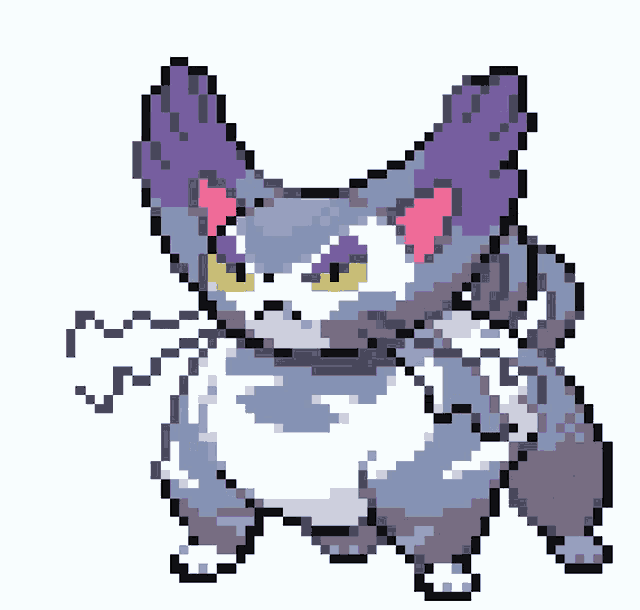 a pixel art of a cat with purple ears