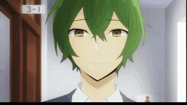 a boy with green hair is standing in front of a sign that says 3- 1