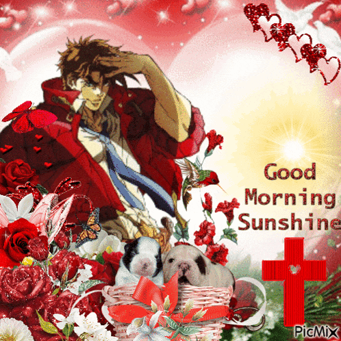 a man in a red jacket and tie is surrounded by flowers and puppies and says good morning sunshine