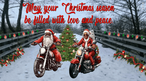 a christmas card with santa and a woman on motorcycles