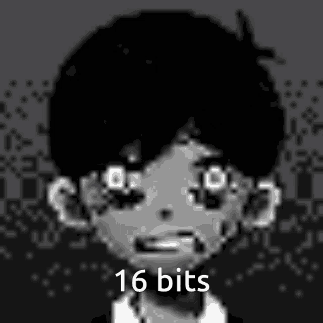 a black and white image of a boy with the words 16 bits on the bottom
