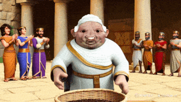 a cartoon of a man holding a basket of grain