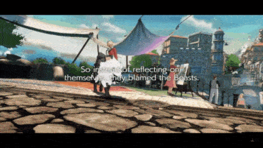 a video game scene with the words " so instead of reflecting on themselves they blamed the beasts " at the bottom