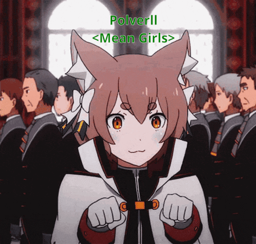 a group of people are standing in a room with a girl with cat ears and the words pulverl mean girls
