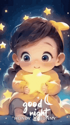 a little girl is holding a star in her hands and says `` good night honey & bunny '' .