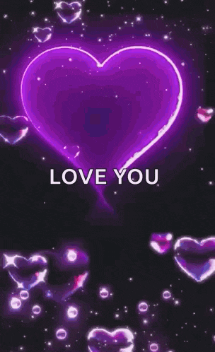 a glowing purple heart with the words `` love you '' written on it surrounded by hearts .