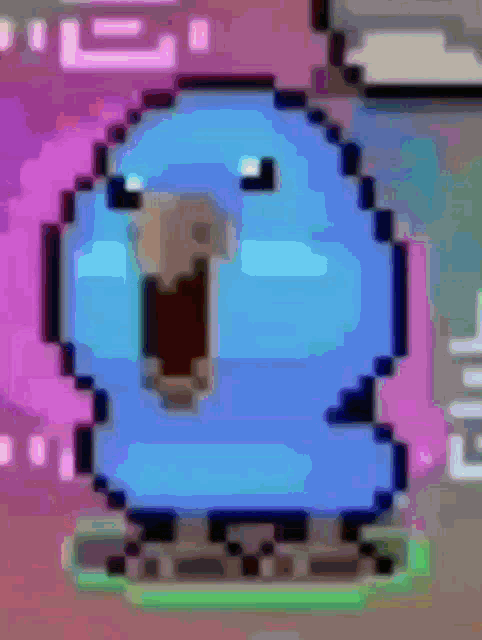 a pixel art drawing of a yellow bird with a blue head