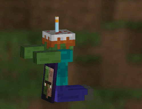 a minecraft character has a cake on his head