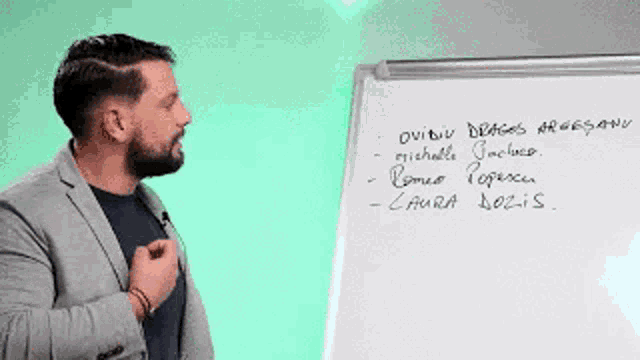 a man with a beard is standing in front of a white board with writing on it .