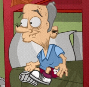 a cartoon of a man sitting on a bed with his feet up